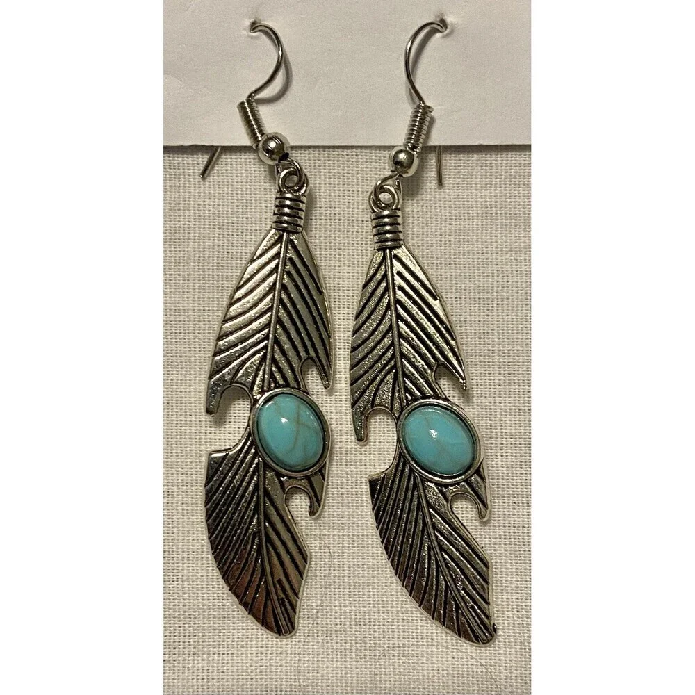 Blue Howlite FEATHER dangle earring SP Fish hook handcrafted SPOD
